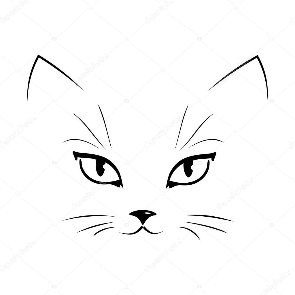 Black contour silhouette of a cat's muzzle. Vector design of a cat's face on a white background, a pet. Animals.