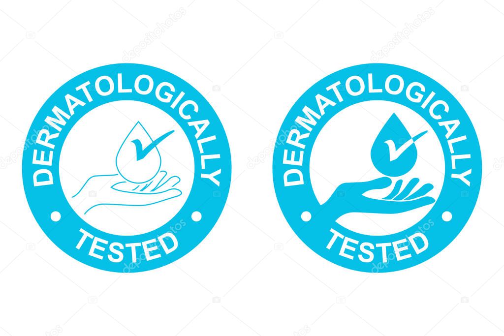 Dermatologically tested icon. Blue icons on a white background. Silhouette of a hand with a drop and a tick in the center and a circular inscription dermatologically tested