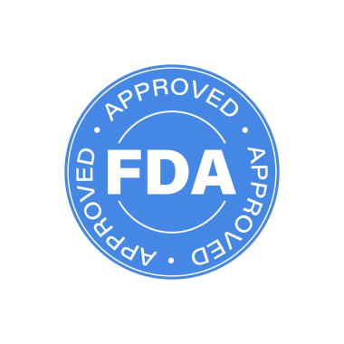 FDA Onaylandı (Gıda ve İlaç İdaresi) simgesi, sembol, etiket, rozet, logo, mühür. Beyaz arkaplanda mavi yuvarlak simge izole edildi