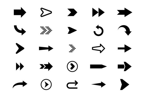 Arrows are a large black set of icons. Arrow icon. Collection of vector arrows. Arrow. The cursor. Modern simple arrows. Vector illustration