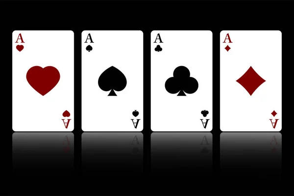 Set Four Suits Playing Cards Aces Isolated Black Background Reflection — Stock Vector