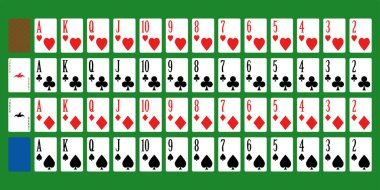 Yeşil arkaplanda tam deste poker kartları