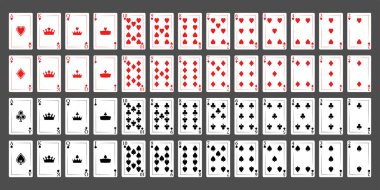 Poker kartları gri bir arka planda, tam bir güvertede izole edilmiş. Vektör illüstrasyonu