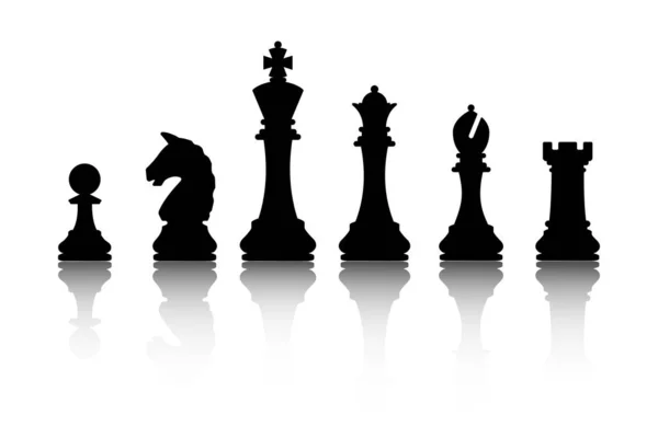 Eine Sammlung Von Schachfiguren Mit Reflexion Schwarze Silhouette Auf Weißem — Stockvektor