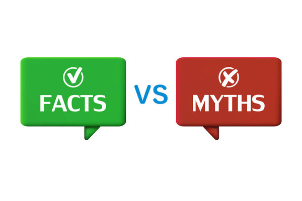 Green and red bubbles with myths versus facts. The concept of thorough fact checking or simple comparison of evidence.