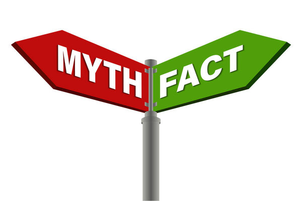 The direction of the sign with a vector illustration of myth and fact. 3d pointer for true or false facts, directional arrows on a pole for making human choices, paths on the road, ideas or decisions highlighted on a white background