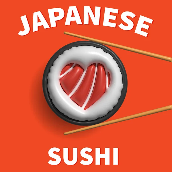 Sushi Poster Design Holding Sushi Salmon Shape Heart Chopsticks Orange — Foto de Stock
