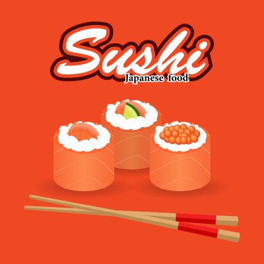 Turuncu arka planda suşi çubukları olan suşi ruloları. Alabalık, somon ve havyarlı suşinin vektör çizimi.