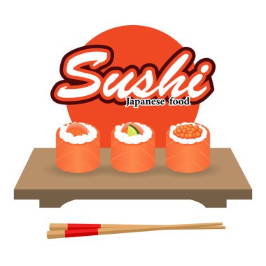 Suşi çubuklarıyla ahşap bir tahtada yuvarlanan bir suşi seti. Alabalık, somon ve havyarlı suşinin vektör çizimi.