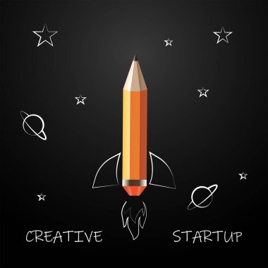 Uzayda uçan bir roket şeklinde kalem. Yaratıcı fikir ve başlangıç. Vektör illüstrasyonu.