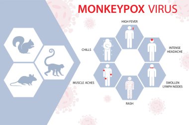 Monkey pox virus, epidemic virus, the virus spreads from animals such as monkeys, squirrels, rats. Symptoms of monkey pox clipart