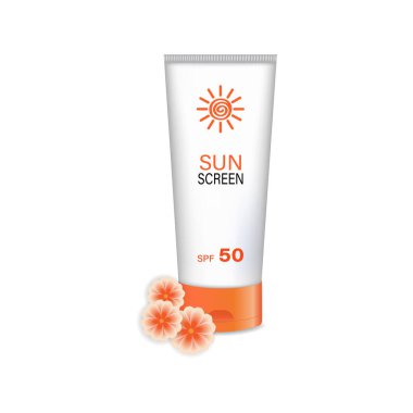 Bir tüp güneş kremi ve beyaz arka planda izole edilmiş güzel bir çiçek. Cildi korumak için SPF ile losyon.