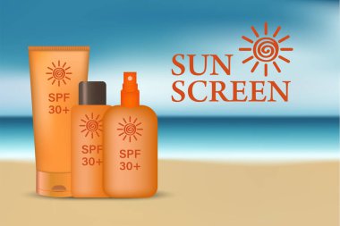 Yazlık güneş kremi ile pankart. Web tasarımı için yazlık güneş kreminin vektör illüstrasyonuName