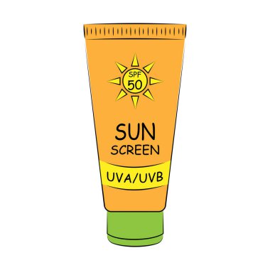 Yaşlanmayı ve cilt kanserini önlemek için 50 güneş kremi tüpü. Düz vektör simgesi