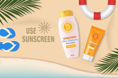 Sunscreen advertising on beautiful beach decorations and tropical plants in 3d illustration, top view