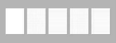Realistic white notepad sheets: striped, checkered, with margins, for writing, empty. Isolated on a gray background with realistic shadows. Vector illustration