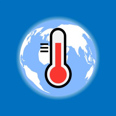 A symbol of global warming with a thermometer. The hot melt of the planet Earth, isolated on a blue background. Vector illustration