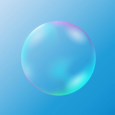 Transparent realistic soap bubble isolated on a light blue gradient background. The element of soap foam, bath foam, washing liquid. Vector illustration.