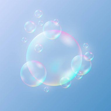 Flying transparent soap bubbles on a light blue gradient background. Realistic soap bubble, glare. Foam bubbles. Powder, soap, detergent. Vector illustration.