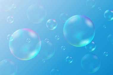 Flying transparent soap bubbles on a light blue gradient background. Realistic soap bubble, glare. Foam bubbles. Powder, soap, detergent. Vector illustration.