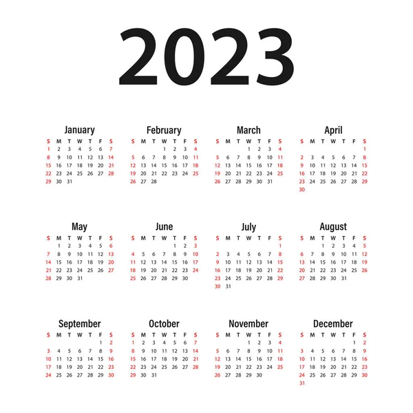 Takvim 2023 vektör şablonu, basit minimalist tasarım, Planlayıcı 2023, Duvar takvimi 2023, Hafta Pazar başlıyor, 12 takvim, reklam, baskı, kırtasiye, tatiller kırmızı ile başlıyor