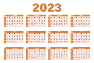 2023 yılının şablonu. Hafta pazar günü başlıyor. Planlayıcının takviminin 2023 yılının turuncu ve pembe tonlu vektör çizimi.