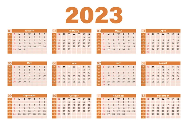Plantilla Del Calendario Anual Para 2023 Semana Comienza Domingo Ilustración — Vector de stock
