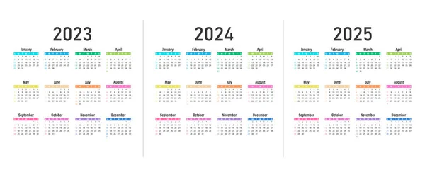 Takvim 2023, 2024, 2025 Vektör. Hafta pazar günü başlıyor. Takvim düzeni. 12 aylık kırtasiye şablonu. Yıllık organizatör, İngilizce. Renk illüstrasyonu.