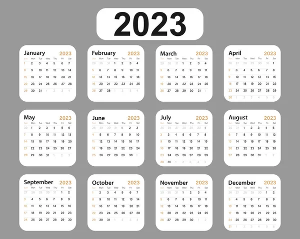 Vector Illustration Calendar Year 2023 Week Starts Sunday Template Annual — Stock Vector