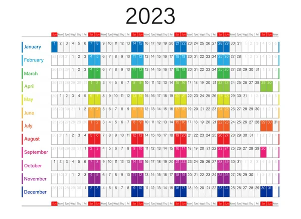 Año Calendario Colorido 2023 Sobre Fondo Blanco Plantilla Vectorial — Vector de stock