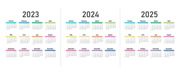 2023 Naptár 2024 2025 Vektor Vasárnap Kezdődik Hét Naptár Elrendezés Stock Illusztrációk