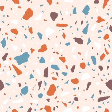 Vektör Terrazzo kusursuz desen. Soyut renk İtalyan zemin taşı, beton pembe doku. İç tasarım, baskı, duvar kağıdı, kumaş, tekstil için klasik granit doğal desenli arkaplan.