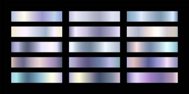 Metal krom gradyan renk seti. Metalik altın, bronz, gümüş, zarif inci, gece yarısı yeşili, altın rengi palet. Sınır, çerçeve, etiket, broşür tasarımı için vektör parlak arkaplan koleksiyonu.