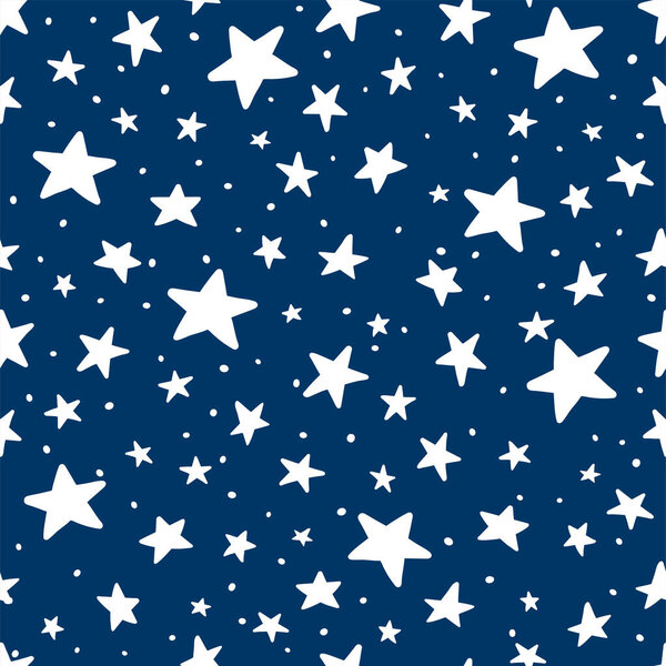 Vector Doodle Star Blue Seamless Pattern. Cute kid hand drawn stars print on dark blue background. Night Sky and space texture for print, wrapping paper, fabric, decor, gift, backgrounds, textile.