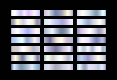 Krom gradyan renk seti. Metalik holografik, beyaz altın, gümüş, zarif inci, yanardöner kumaş palet. Sınır, çerçeve, etiket, broşür tasarımı için parlak metal arkaplan koleksiyonu.
