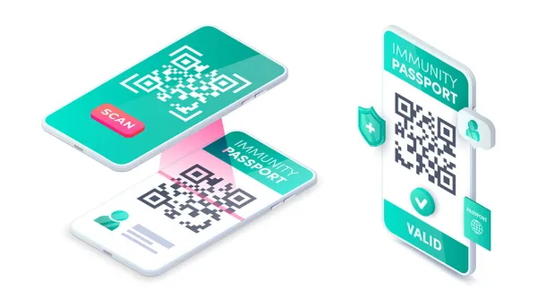 Covid Digital Health Passport Verification Isometric Vector Smartphone Escaneando Código — Vector de stock