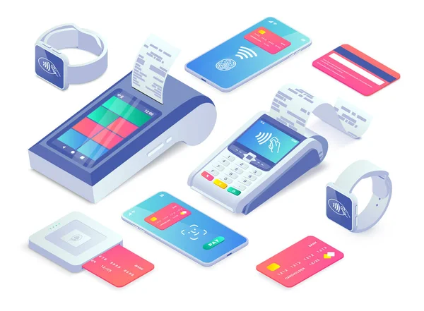 Vector Cashless Payment Machine Isometric Concept Безтактні Платежі Через Смартфон — стоковий вектор