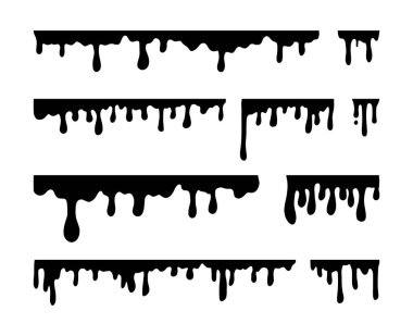 Damlayan Boya Koleksiyonu. Siyah vektör suyu, yağ, boya, kan, mürekkep ya da erimiş çikolata damlaları seti. Sıvı lekeler, soyut sıçrama dizaynı elementleri beyaz arkaplanda izole edildi.