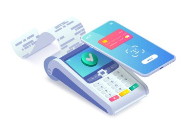 Akıllı telefon izometrik konsept ile yapılan temassız ödeme. 3d cep telefonu ödeme makinesiyle kimlik ödemesi ile karşı karşıya. Başarı işlemi NFC ödemesi onaylandı. Vektör biyometrik tanımlama mobil ödemesi