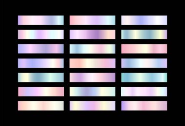 Gökkuşağı gradyan renk seti. Tek boynuzlu at holografiği, metalik, gümüş, zarif krom, yanardöner kumaş paleti. Sınır, çerçeve, etiket, web için vektör parlak çok renkli metal arkaplan koleksiyonu.