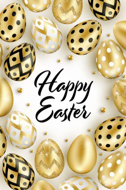 Beyaz arka planda gerçekçi parlak dekoratif altın yumurtalarla süslenmiş Mutlu Paskalya Vektörü Dikey Ağ Sancağı konsepti. Tebrik kartı, reklam, promosyon, poster, broşür tasarımı