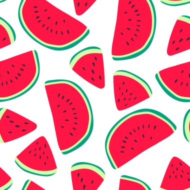Vector watermelons hand drawn seamless pattern. Cute summer fresh fruits print. Watermelon red slices with seeds repeat texture on white background for wallpaper, fabric design, decor, textile.