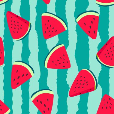 Vector watermelons hand drawn seamless pattern. Cute summer fresh fruits print. Watermelon red slices with seeds repeat texture on green striped background for wallpaper, fabric design, textile, decor