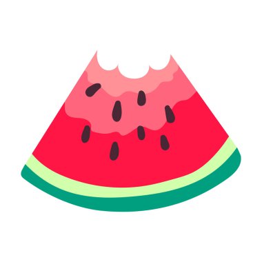 Slice of Watermelon icon, bitten watermelon. Vector summer fruit. Triangle slice of watermelon on white background.