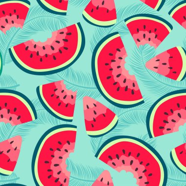 Vector watermelons hand drawn seamless pattern. Cute summer fresh fruits print. Watermelon red slices with seeds repeat texture on green palm background for wallpaper, fabric design, decor, textile.
