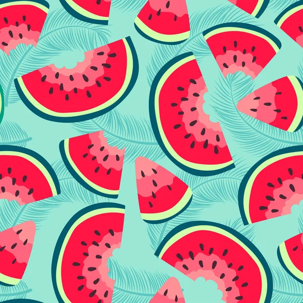 Vector watermelons hand drawn seamless pattern. Cute summer fresh fruits print. Watermelon red slices with seeds repeat texture on green palm background for wallpaper, fabric design, decor, textile.