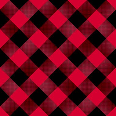Red Plaid seamless patten. Vector checkered red and black plaid textured background. Traditional diagonal fabric print. Christmas Buffalo Flannel plaid texture for fashion, print, design