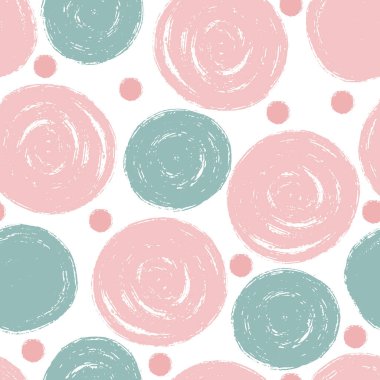 Cute Hand Drawn Textured Circles Seamless Pattern. Abstract pastel print with paint brushstroke grunge texture. Vector crayon textured background for greeting card, fabric design print, wrapping paper