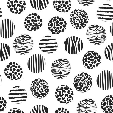 El çizimi vektör desenli daireler kusursuz desen. Siyah hayvan desenli şekil. Doğa karalama arkaplanı. Soyut leopar benekleri, kaplan çizgileri, zürafa deseni, zebra desenli sanat öğesi.