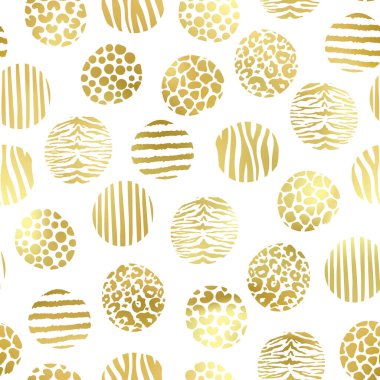 Hand drawn gold animal textured circles seamless pattern. Vector nature golden doodle print background. Abstract leopard spots, tiger stripes, zebra texture, giraffe pattern art element.